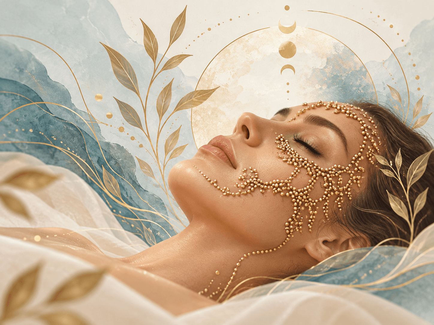 Illustration of a reclining face with gold bead motifs, botanical leaves and a blue-green celestial background.